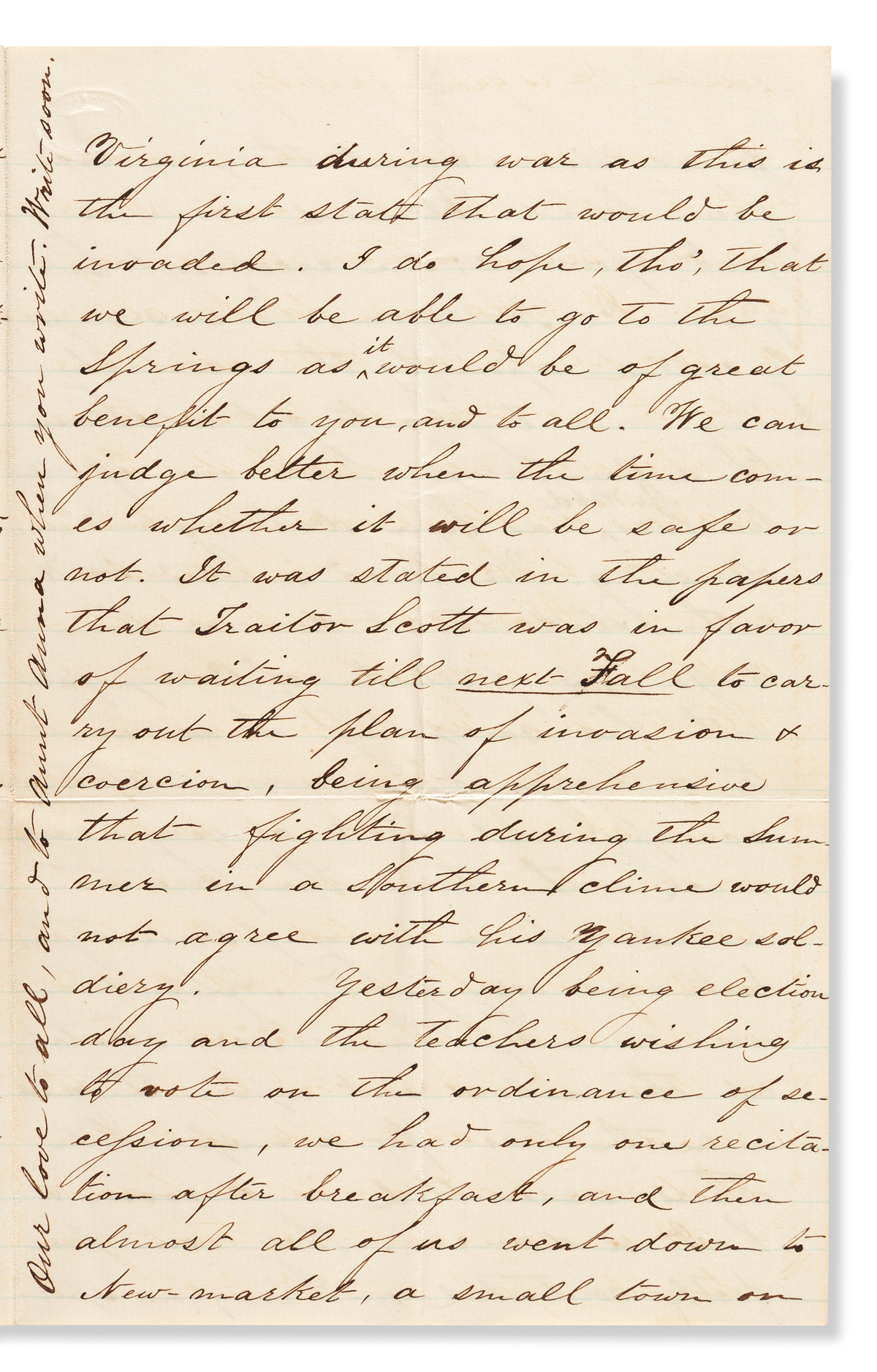 (CIVIL WAR--CONFEDERATE.) Samuel [Pickens?] Letter describing the vote for the Ordinance of Secession in central Virginia.